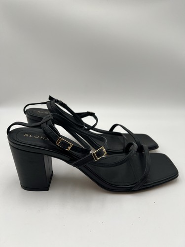 ALOHAS Black Strappy Block Heel Sandals Square Toe Leather Gold Buckle Womens 42