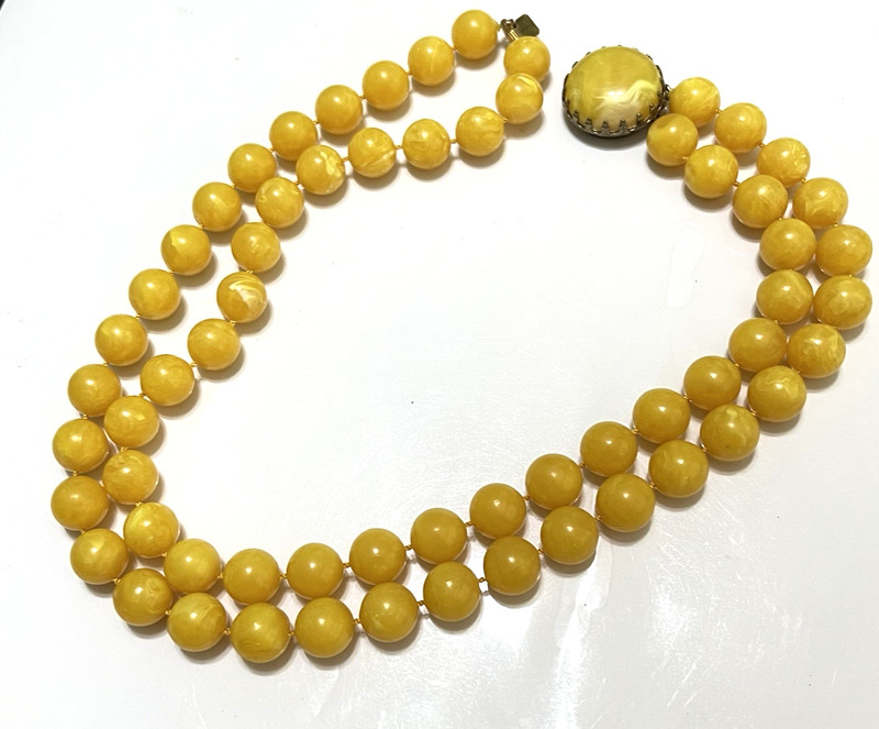 Vintage Double Strand Yellow Marbled Beaded Necklace  # 267