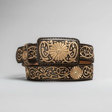 Women  s Brown Leather Artisanal Embroidery Western Cowboy Belt 1.5" Square Buckl
