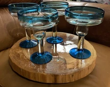 MARGARITA GOBLET  LARGE AQUA BLUE HAND BLOWN BUBBLE GLASS COMPOTE 7”TALL  