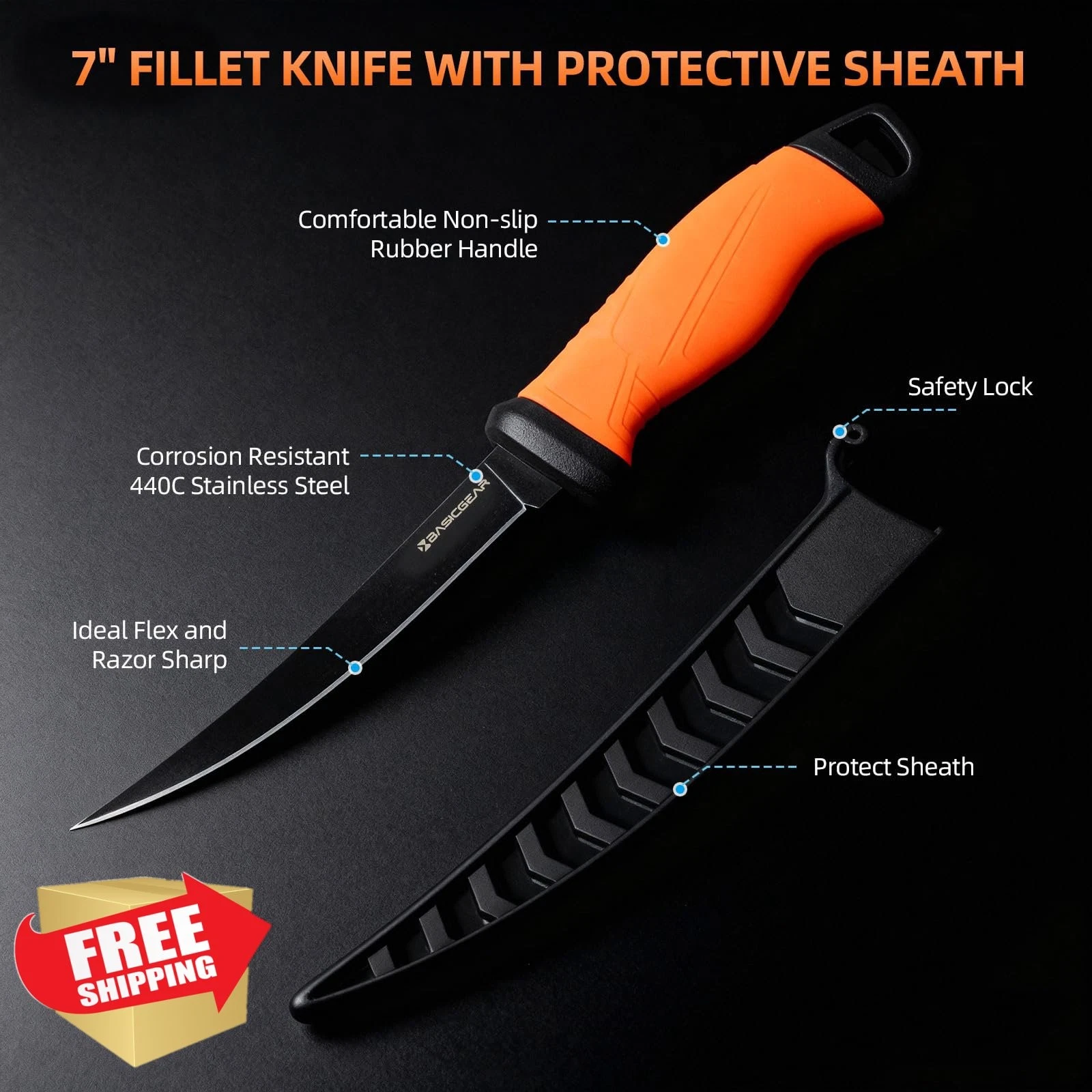 BasicGear Fillet Knife Set 2 7" 440C Stainless Steel Non-Stick Sharpener