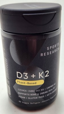 Sports Research D3 + K2 Plant-Based 60 Veggie Softgels Vegan D3+K2