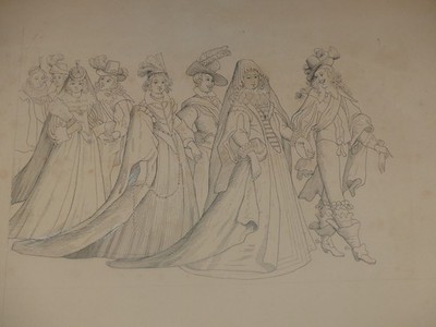 DESSIN ORIGINAL ENCRE FIN XIXe HOMMES & DAMES COUR LOUIS XIII? COSTUMES HISTOIRE