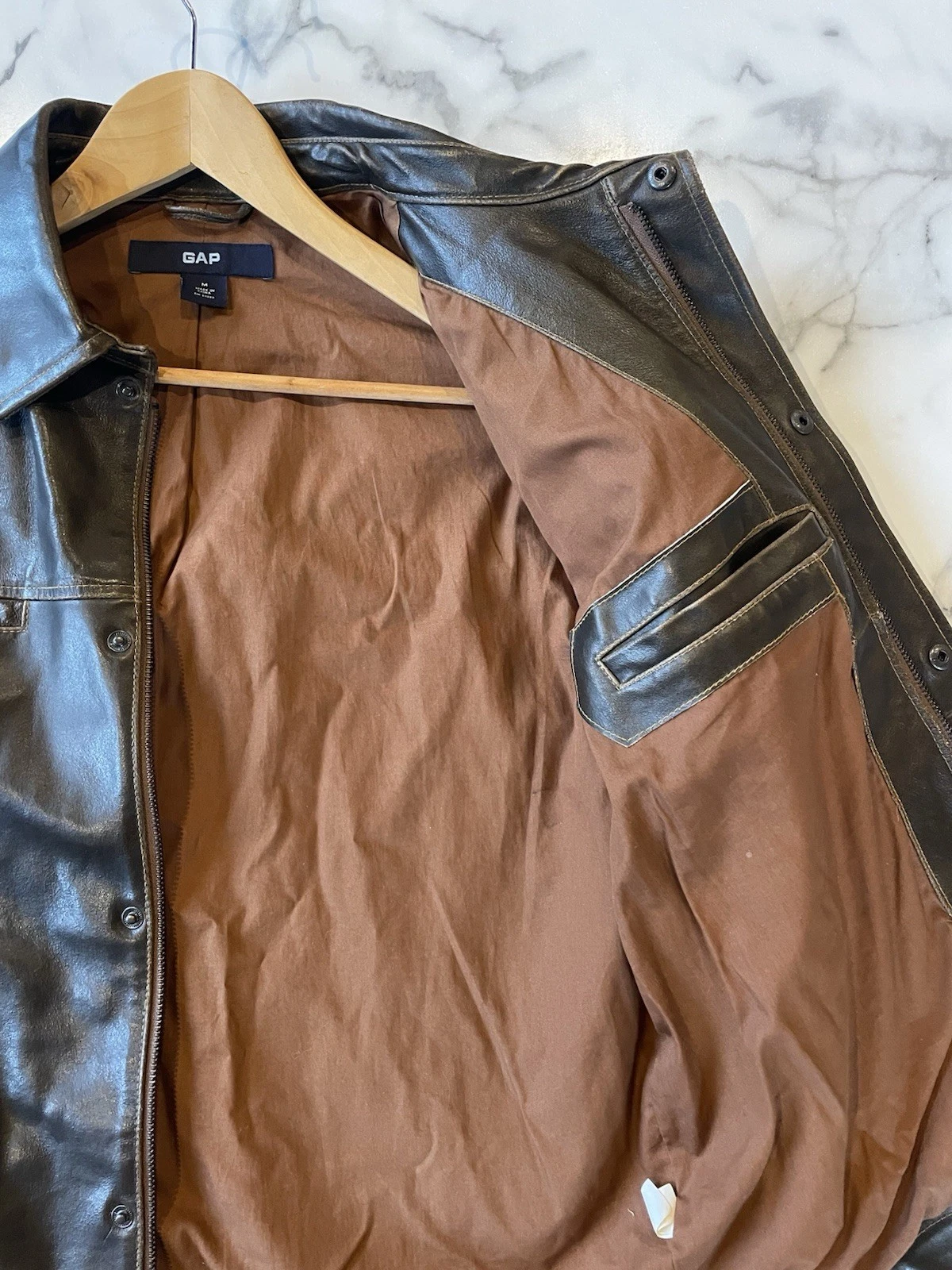 Vintage 2002 Gap Jacket Leather Aviator Snap Button Lined Brown Mens Medium Y2K image 10