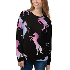 Women's Black Pastel Horse Sweatshirt Colorful Print Soft Fleece Pullover