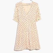Madewell 100% Silk Cream Strawberry V-Neck Babydoll Short Sleeve Mini Dress Sz 8