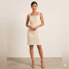 Vintage 1950S sleeveless beige lace knee length shift dress medium