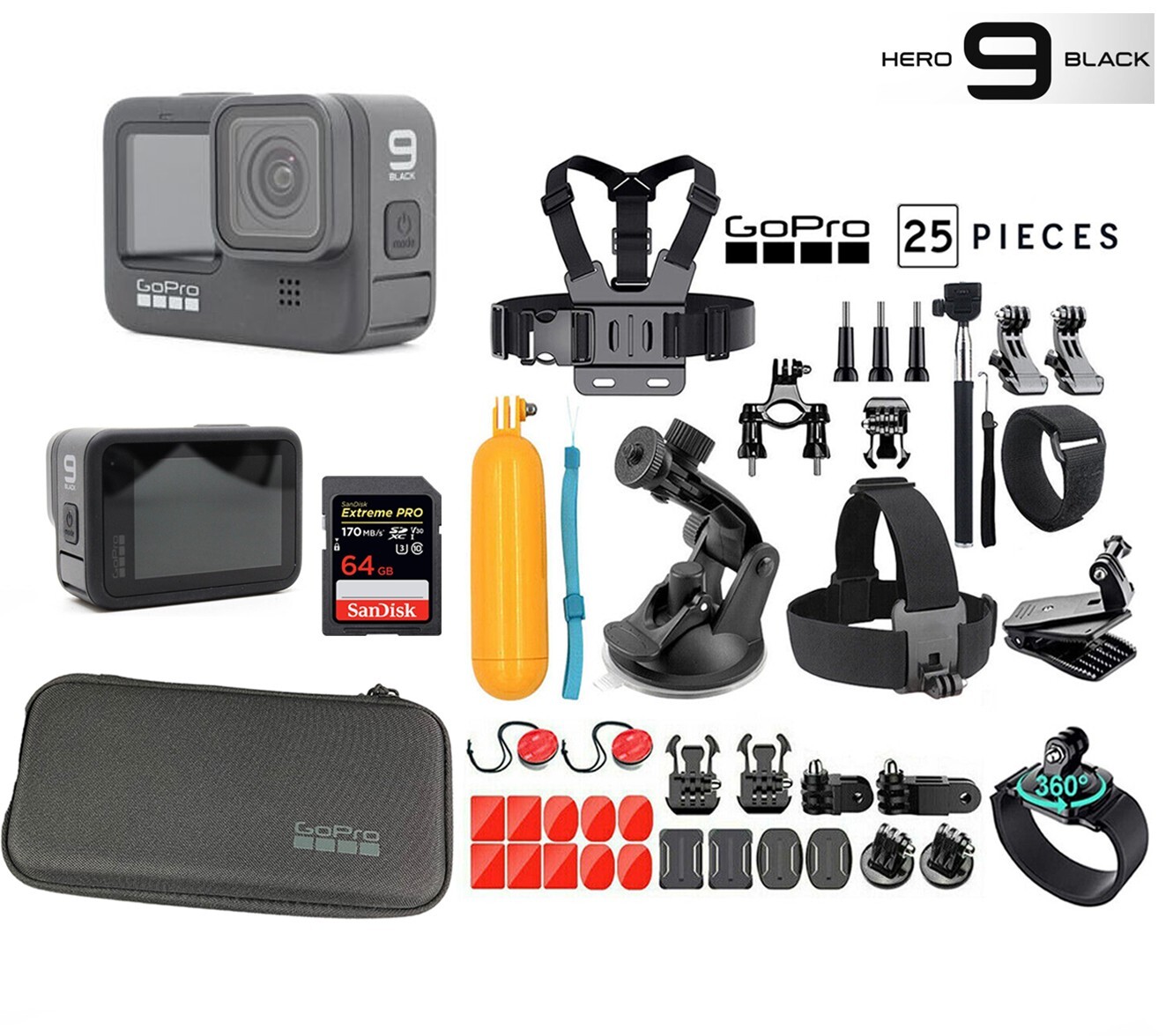 GoPro HERO9 Hero 9 Black 5K Video + Sports Deluxe Accessories + SHELL CASE +64GB-image