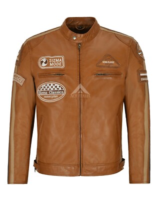 Herren SIZMA Lederjacke hellbraun klassisch Biker Mode Echtlederjacke 5011