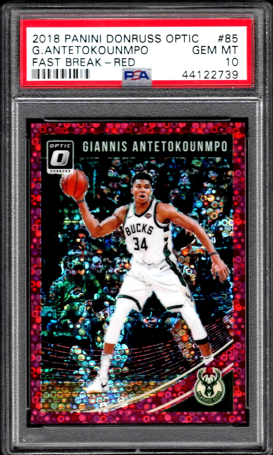 2018 Donruss Optic #85 GIANNIS ANTETOKOUNMPO /85 Fast Break-Red PSA 10 GEM MINT