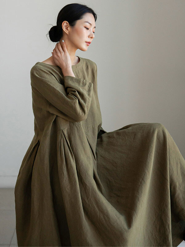 chinese dress ladies Casual Midi Long Sleeves Linen Dress – Old Linen Mill