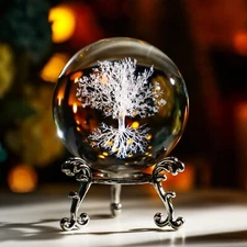2.3” 3D Laser Engraved Glass Plant Life Tree Sphere Novelty Home Decor w/ Stand