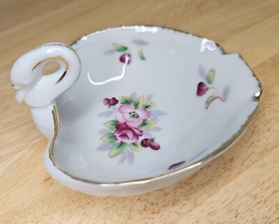 Hand Painted PIC Made In Japan Swan Shaped Trinket Dish Floral w/ Gold Trim