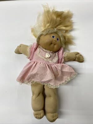 Vintage Cabbage Patch Doll Blue Eyes Blonde Silk Hair Pink Dress One Tooth