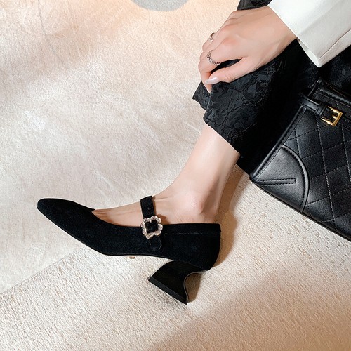 French Women's Spring Summer Sheepskin Suede Mary Jane Fashion Square Toe Shoes - Picture 17 of 27
