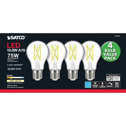 Satco S12437 - 10.5 W LED Bulbs (75W Replacement) - 3000K (1, 5 OR 10) 4 Packs - Picture 4 of 8