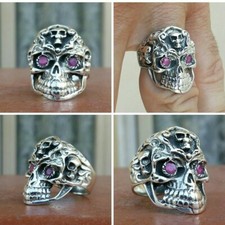 925 MENS SILVER RING motorcycle skull harley bourgeois rubies