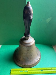 Vintage Large Heavy Brass 6.75" Hand Bell Schoolhouse Church Style w/Wood Handle