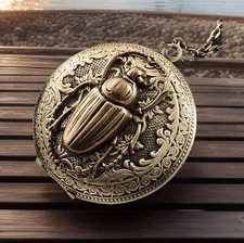 Large Scarab Beetle Locket Necklace, Vintage Antique Brass Art Nouveau Design