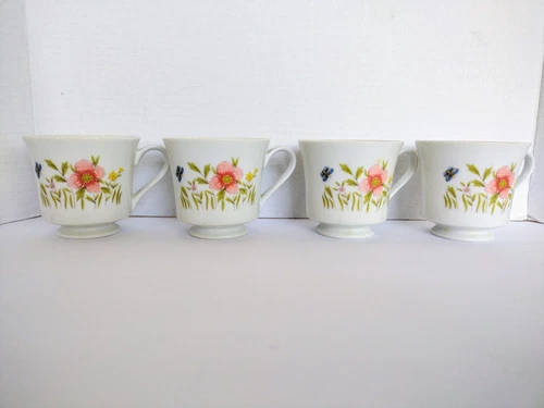Set Of 4 Vintage Andrea By Sadek Country Flowers Tea Cups 6131 Floral Coffee Mug