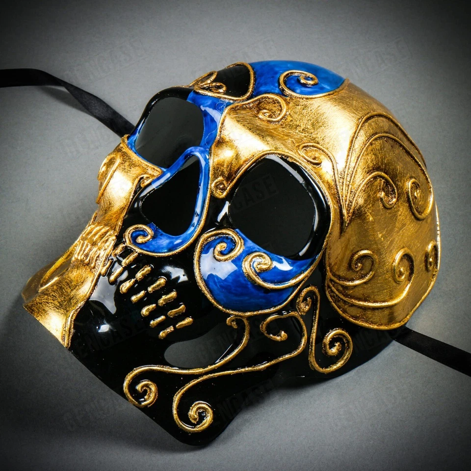 Day of the Dead Skull Mask Halloween Masquerade Venetian Costume Mask Blue Gold - Image 2 of 4