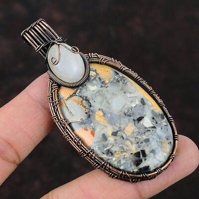 Copper Oval Maligano Jasper Stone Rainbow Moonstone Wire Wrapped Pendant Jewelry