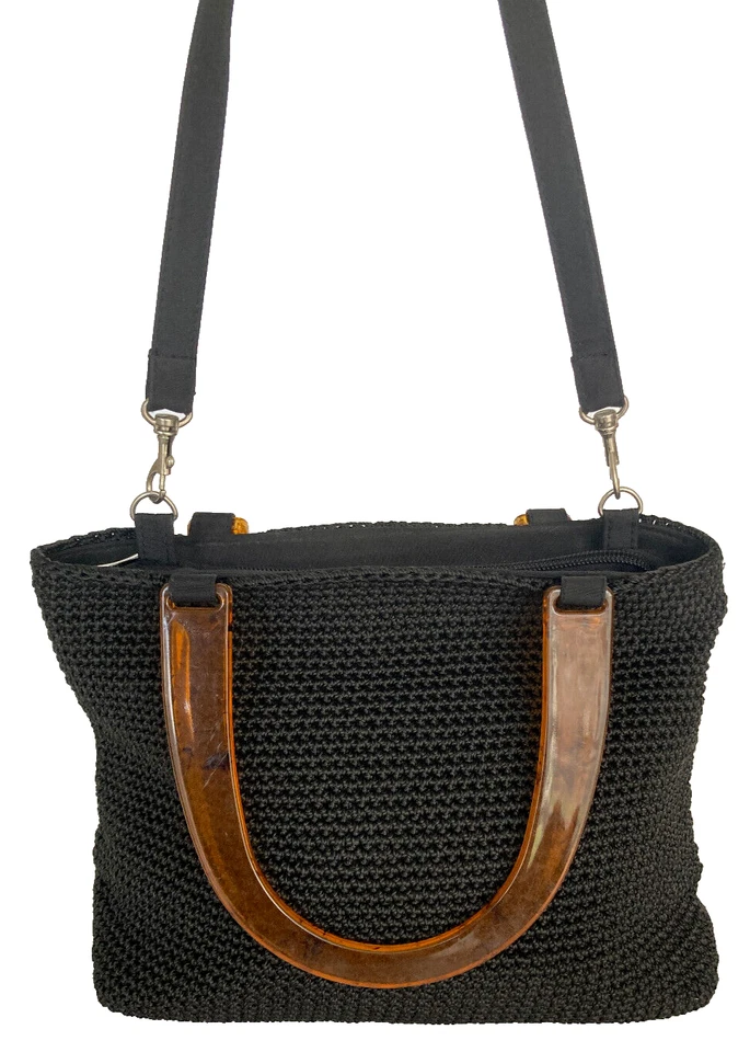 Black Crochet Knit Handbag Lucite Handle Vintage 60s Minimalist Purse Style - Image 4 of 4