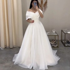 Organza Off Shoulder Floor Length Wedding Dress Princess Tulle Pleat Bridal Gown