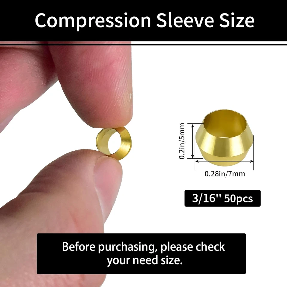 3/16" OD Sleeve Ferrules - 50 Heavy-Duty Brass Compression Sleeves & Nuts - Image 2 of 4