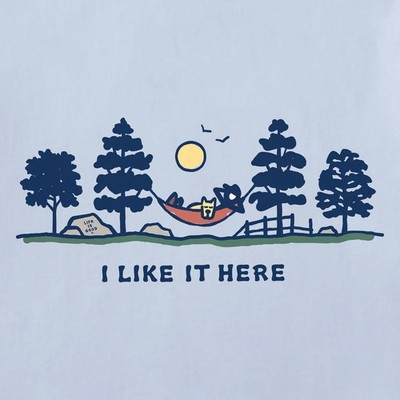 NWT Men's Life Is Good I Like It Here Hammock Dog Blue LITE SS Crusher Tee