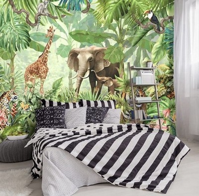 Large Mural Animals Wallpaper Green Rainforest Plants