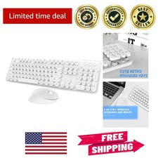 Cute White Wireless Keyboard Mouse Combo: Retro Round Keys  Long Battery Life