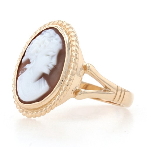 Anello Vintage In Conchiglia Intagliata In Oro Giallo - 14k Silhouette Femminile - Foto 3 di 9
