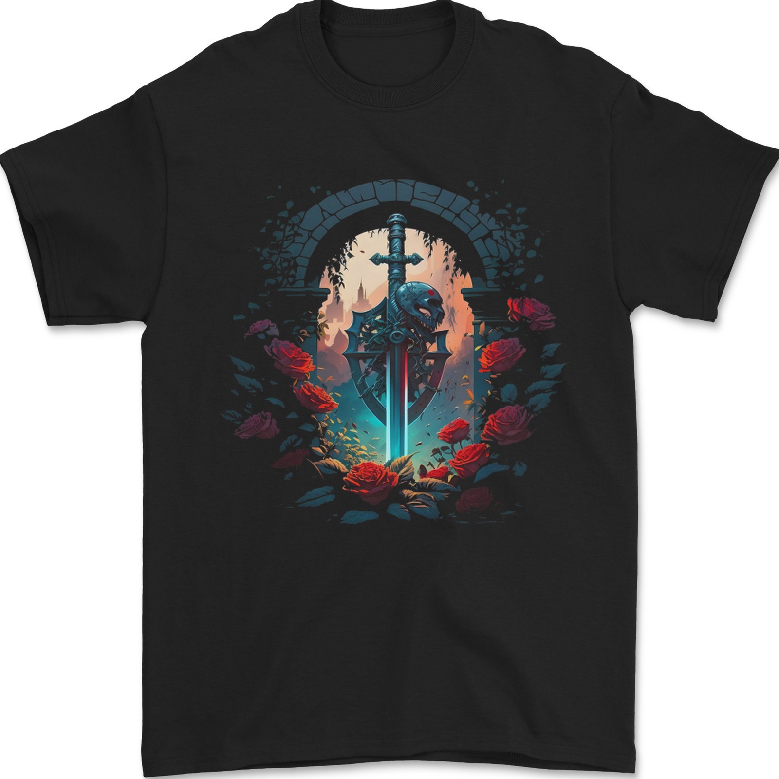 Camiseta Medieval Gótica Hombre Calavera Espada 100% Algodón Negra Gil dan G5000