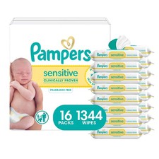 Pampers Sensitive Baby Wipes, Clinically Proven, 84 Count Pack of 16 