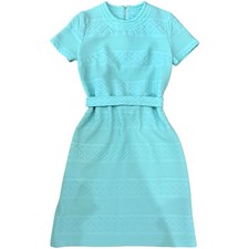 VTG 1960s 70s Turquoise Knit Shift Dress Belted Mod Geometric Textured Blue