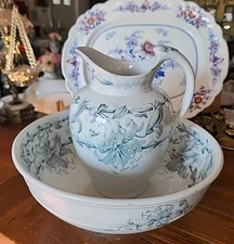 Antique Gray Transferware Stafforshire Aesthetic Movement Pitcher Bowl Wash Set