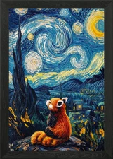 Red Panda Starry Night Landscape Framed Wall Art Poster Canvas Print Picture