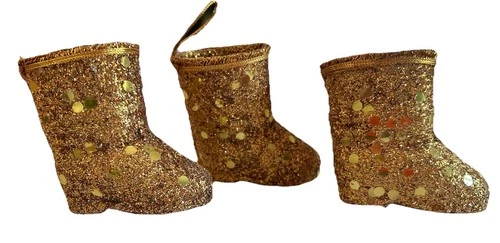 3 Vintage Japan Gold Glitter Santa Boots Ornaments Christmas Holiday Candy