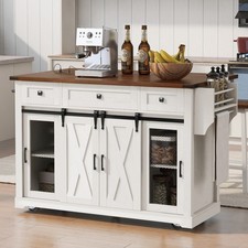 58" Farmhouse Kitchen Island Modern Rolling Kitchen Island w/Drop Leaf &5 Wheels