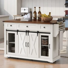 58" Farmhouse Kitchen Island Modern Rolling Kitchen Island w/Drop Leaf &5 Wheels