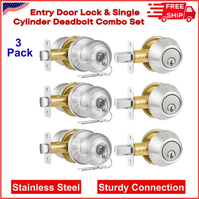 3 Pack Entry Door Lock and Single Cylinder Deadbolt Combo Set, Keyed Alike Satin