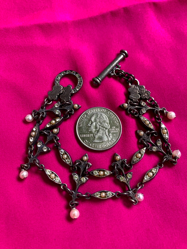 Victorian Budding Flower Dangling Pearls Rhinestone Bracelet Like Downton Abbey - Picture 8 of 9