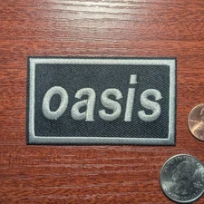 Oasis Patch Band Logo 90s Rock Britpop Gray & Black Embroidered Iron On 2.75x3"