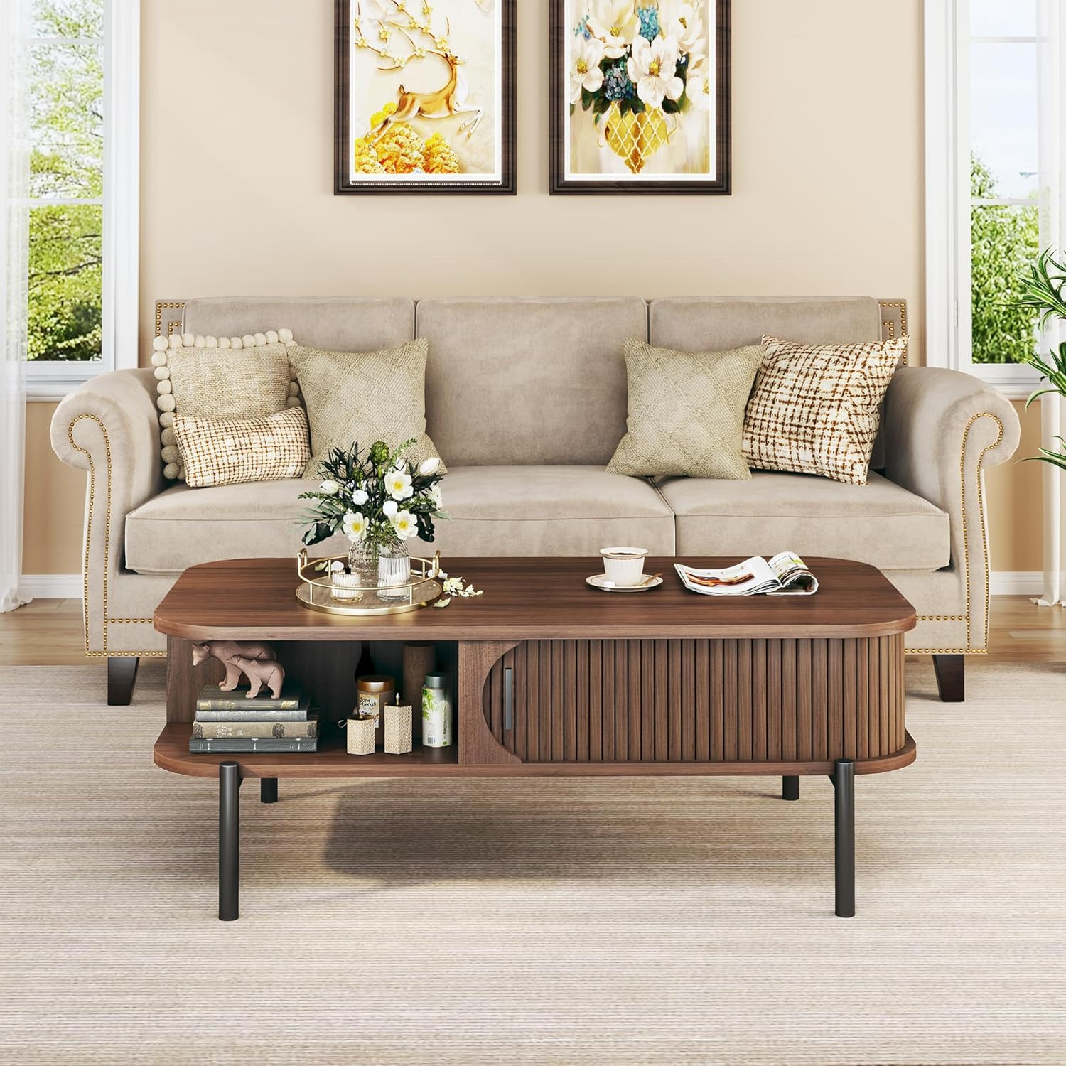 Mid Century Modern Coffee Table with Storage, 39.4" Walnut Fluted Design