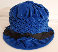 Vintage Royal Blue Woven Velvet Cloche Hat with Black Ribbon