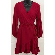 Unbranded Dark Red Wrap Dress with Ruffle Hem Long Sleeves Size S