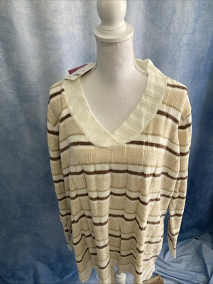 #ad VTG 2007 Sears Classic Elements Striped V Neck Sweater XL NOS NWT Chenille Brown $31.99