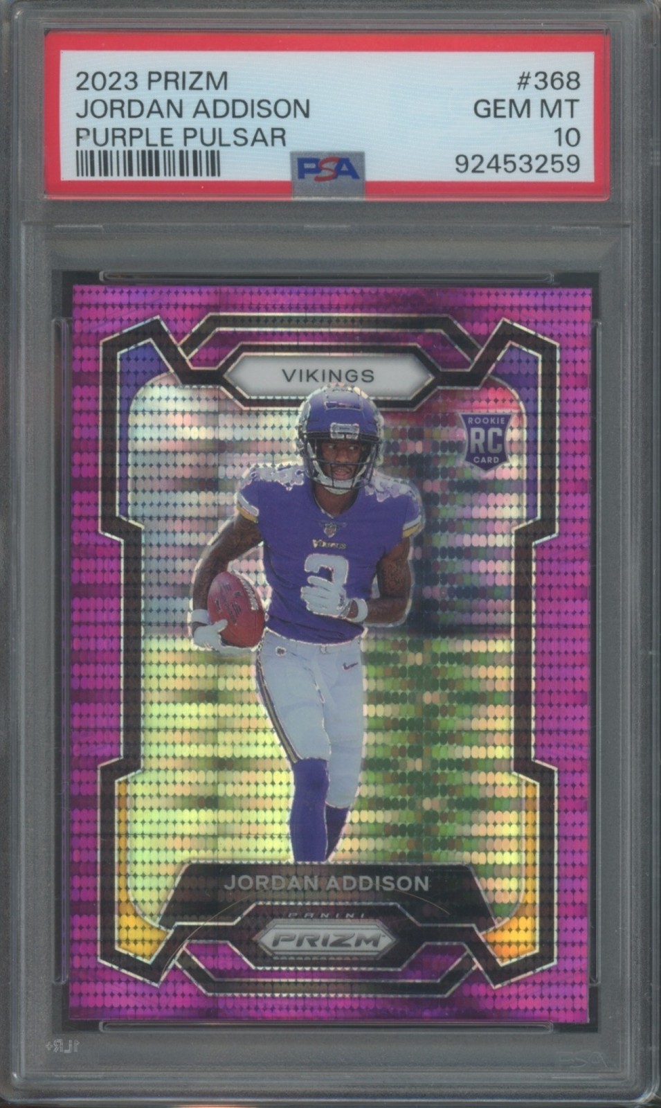 2023 Panini Prizm Football Jordan Addison #368 RC Rookie Purple Pulsar PSA 10