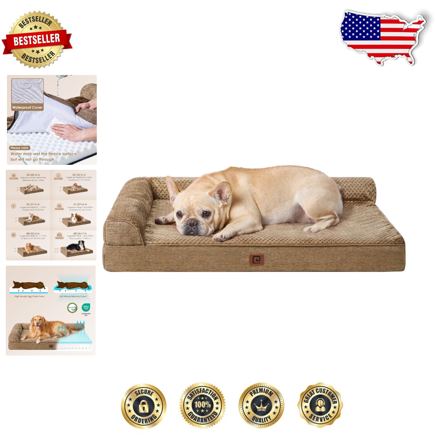 L-Shaped Memory Foam Dog Bed for Medium Dogs 30x20x6 Waterproof Camel Brown Orthopedic Support
